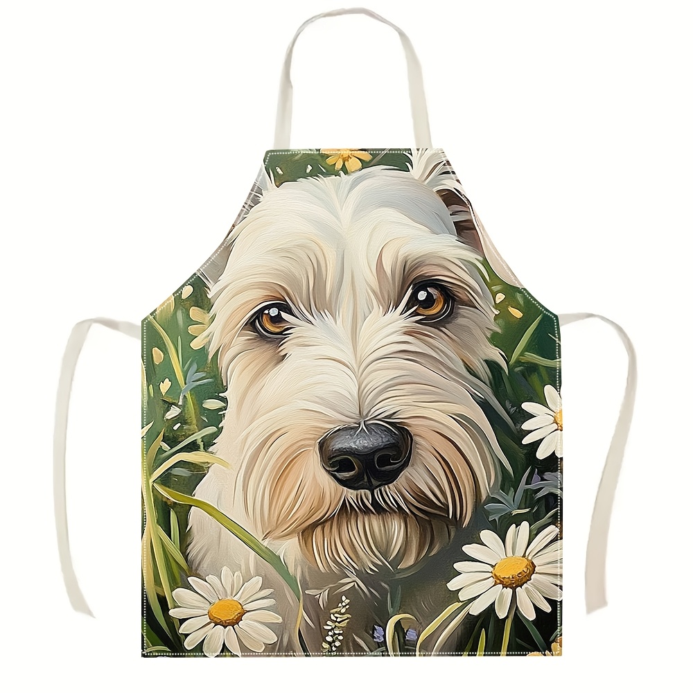 Mom'S Home Cooking - Cute White Dog Apron, Floral Puppy